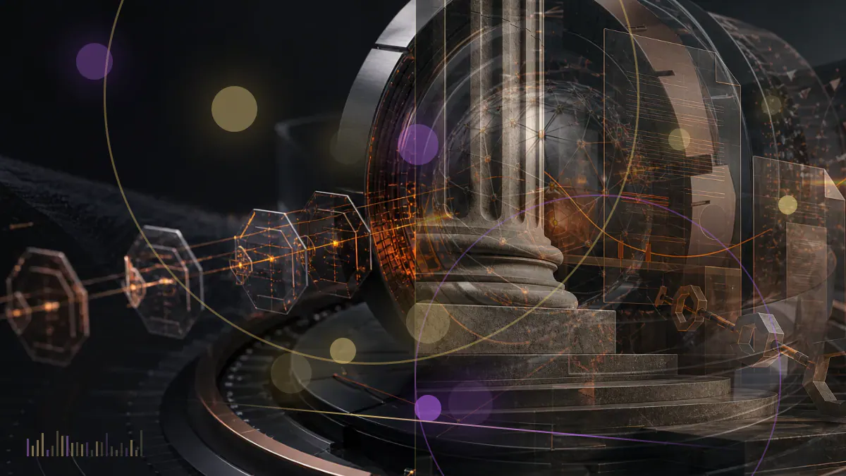 Conceptual illustration of a UK regulatory ledger closing over a digital payments gateway connected to cryptocurrency tokens