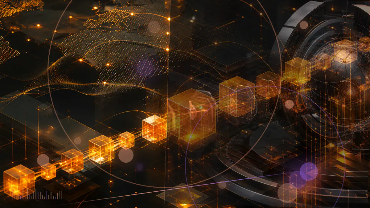 Conceptual illustration of a bank building transferring a digital ledger containing dollar-backed tokens to another financial institution