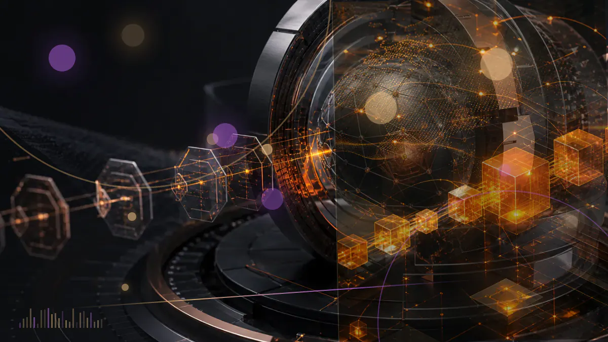 Conceptual illustration of redacted bank-supervision records surrounding a regulated bridge between banks and blockchain networks
