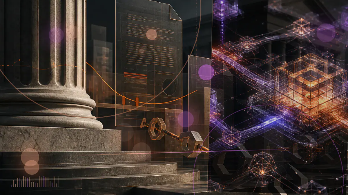 Conceptual illustration of a Federal Reserve building, a bank ledger and digital-asset network nodes divided by an uncertain supervisory boundary
