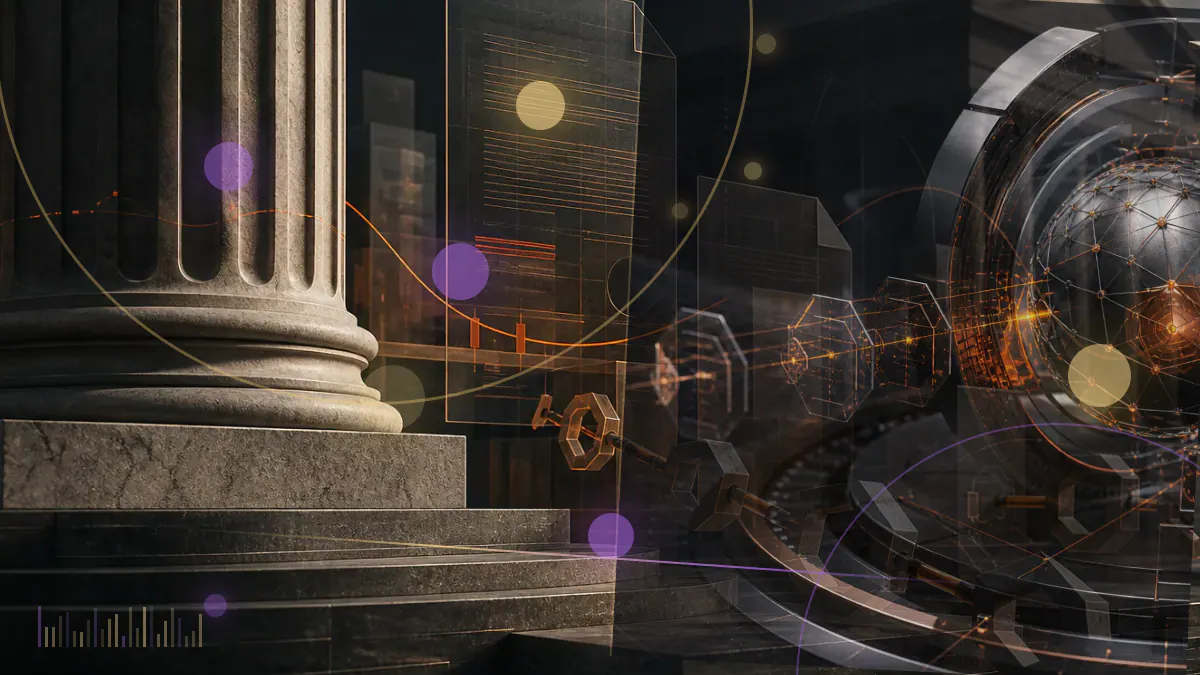 Conceptual illustration of a digital dollar ledger connecting a central bank, stablecoins and electronic payment networks