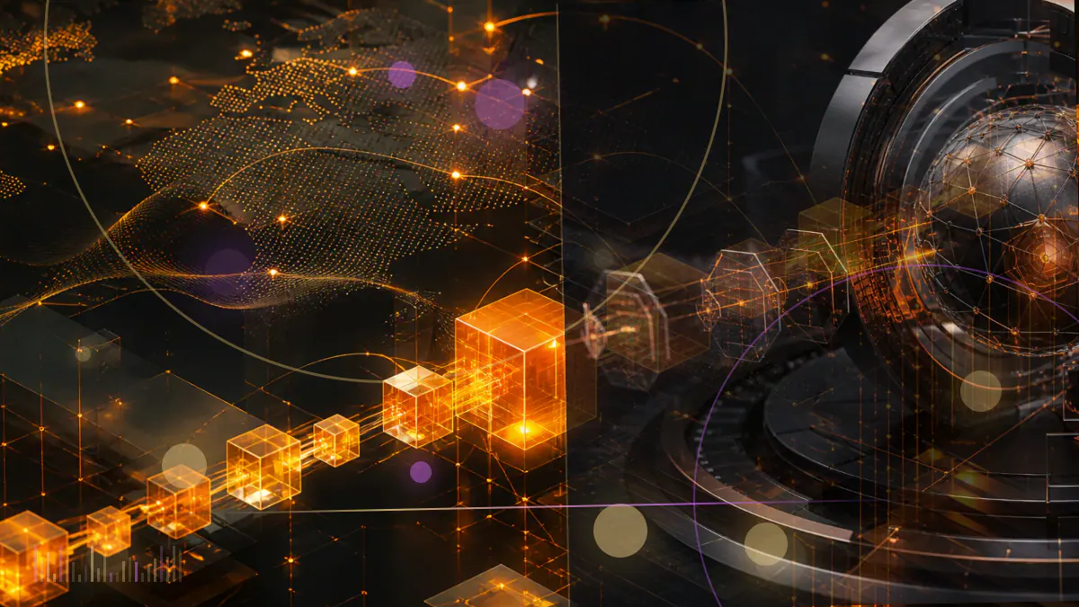 Conceptual illustration of stablecoin tokens connected to a central-bank risk monitor with liquidity channels and warning signals