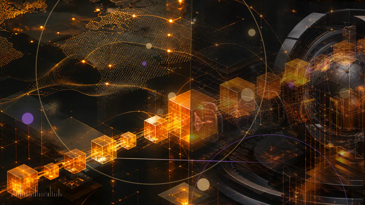 Conceptual illustration of bitcoin beside central-bank architecture and dollar funding channels.