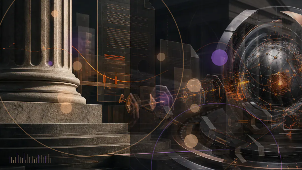 Conceptual illustration of Bitcoin oscillating beneath a Federal Reserve interest-rate dial