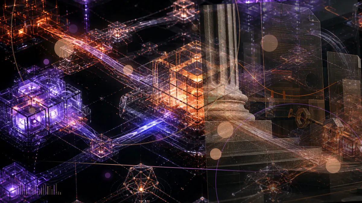 Conceptual illustration of a federal courthouse, regulatory documents and a cryptocurrency exchange interface representing the closure of the SEC’s Coinbase case