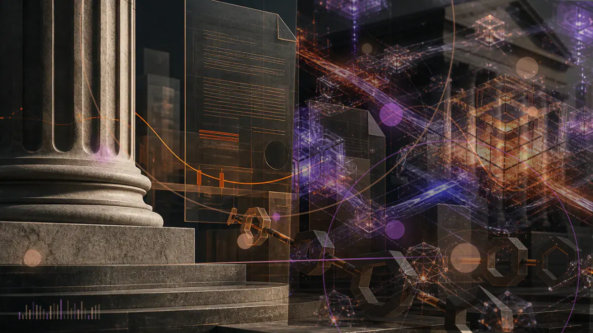 Conceptual illustration of a judicial gavel above a blockchain ledger and LBC token symbols