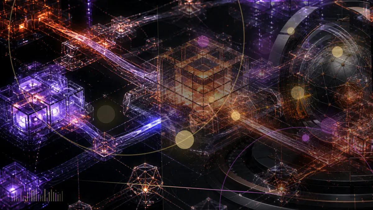 Conceptual illustration of a federal courthouse, frozen financial assets and blockchain-linked market data surrounding Longfin shares