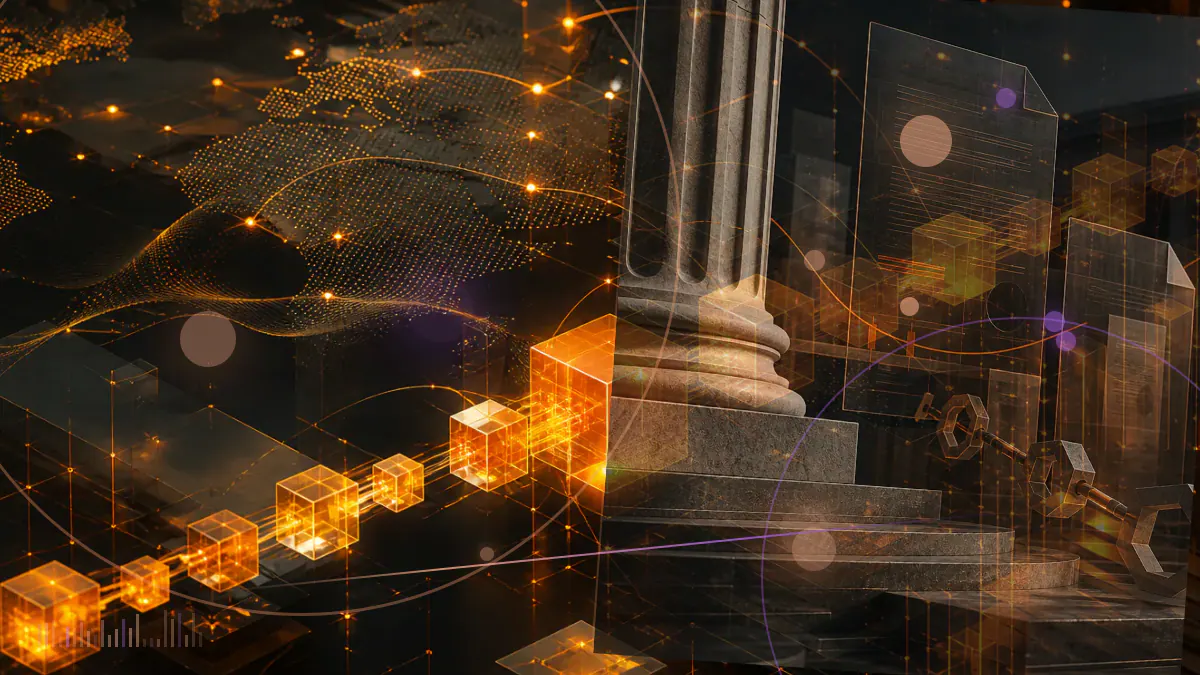 Conceptual illustration of a regulated bank ledger connecting to a cryptographic asset network under Federal Reserve oversight