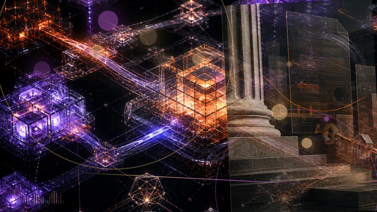 Conceptual illustration of a Federal Reserve building merging a cryptocurrency network into conventional bank-supervision files