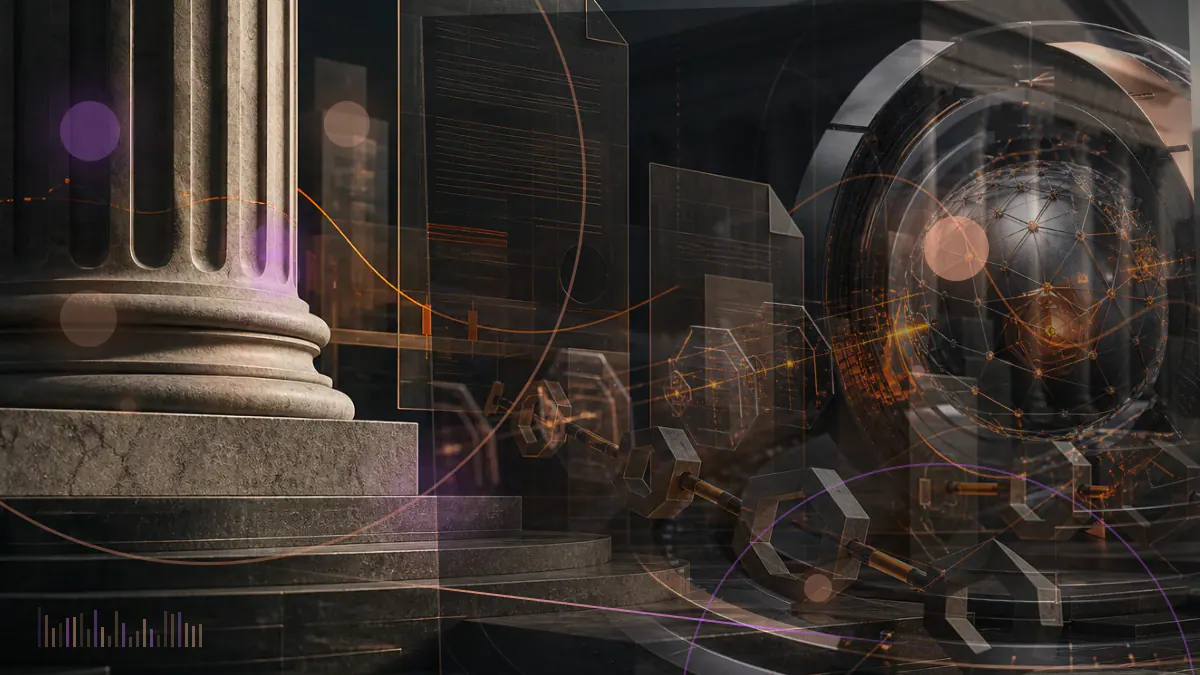 Conceptual illustration of a Federal Reserve rate dial shifting lower beside a volatile Bitcoin market chart