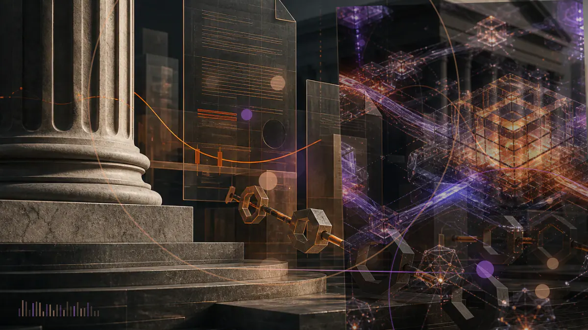 Conceptual illustration of a digital dollar moving through regulated financial intermediaries between the Federal Reserve and the public