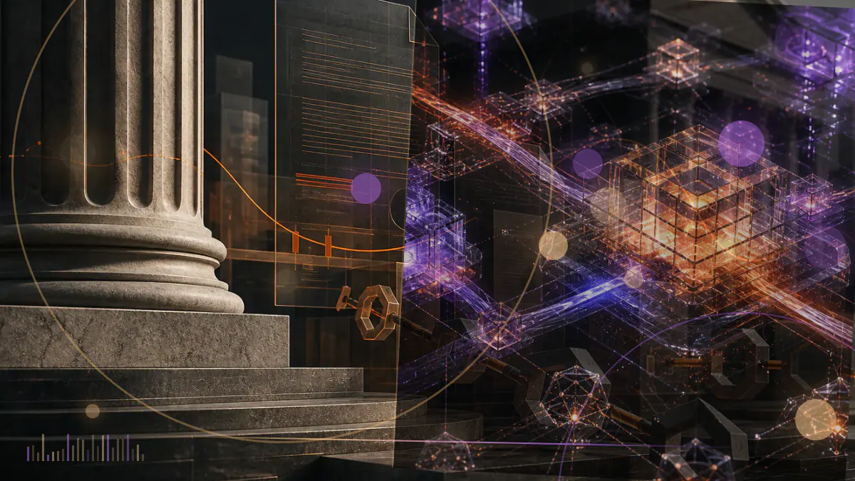 Conceptual illustration of a Federal Reserve supervisory ledger opening toward bank, stablecoin and blockchain symbols