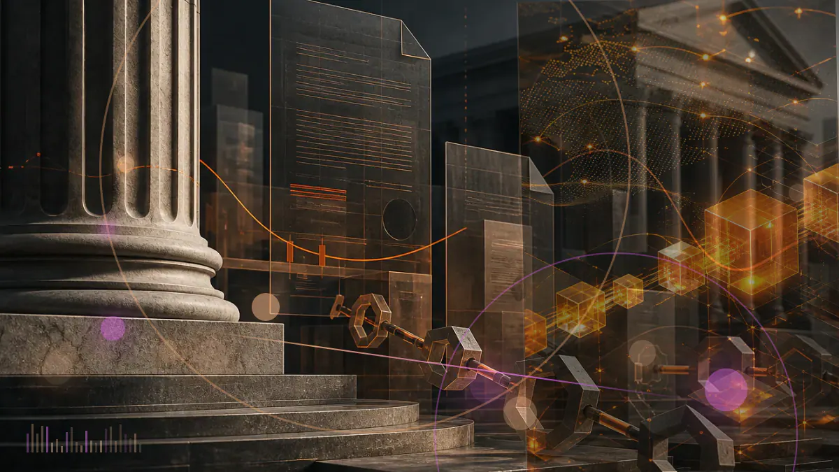 Conceptual illustration of a Solana symbol beside a newly formed institutional trust document and an unopened exchange gateway