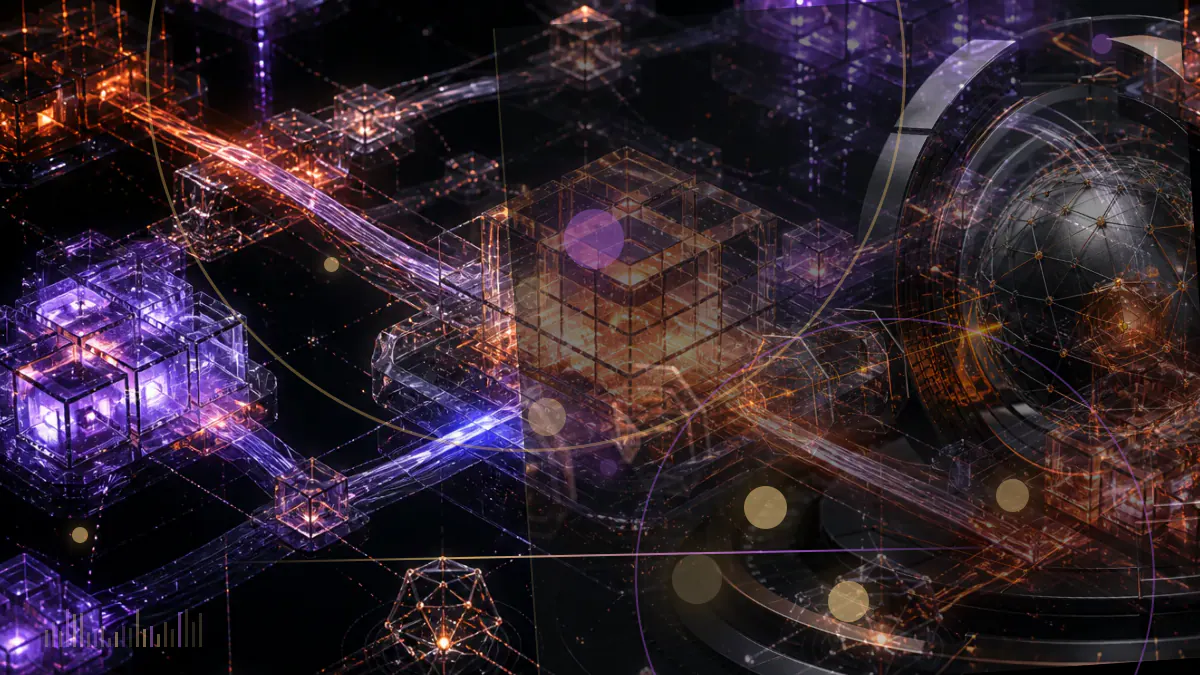 Conceptual illustration of mortgage documents and digital lending records moving across a blockchain network