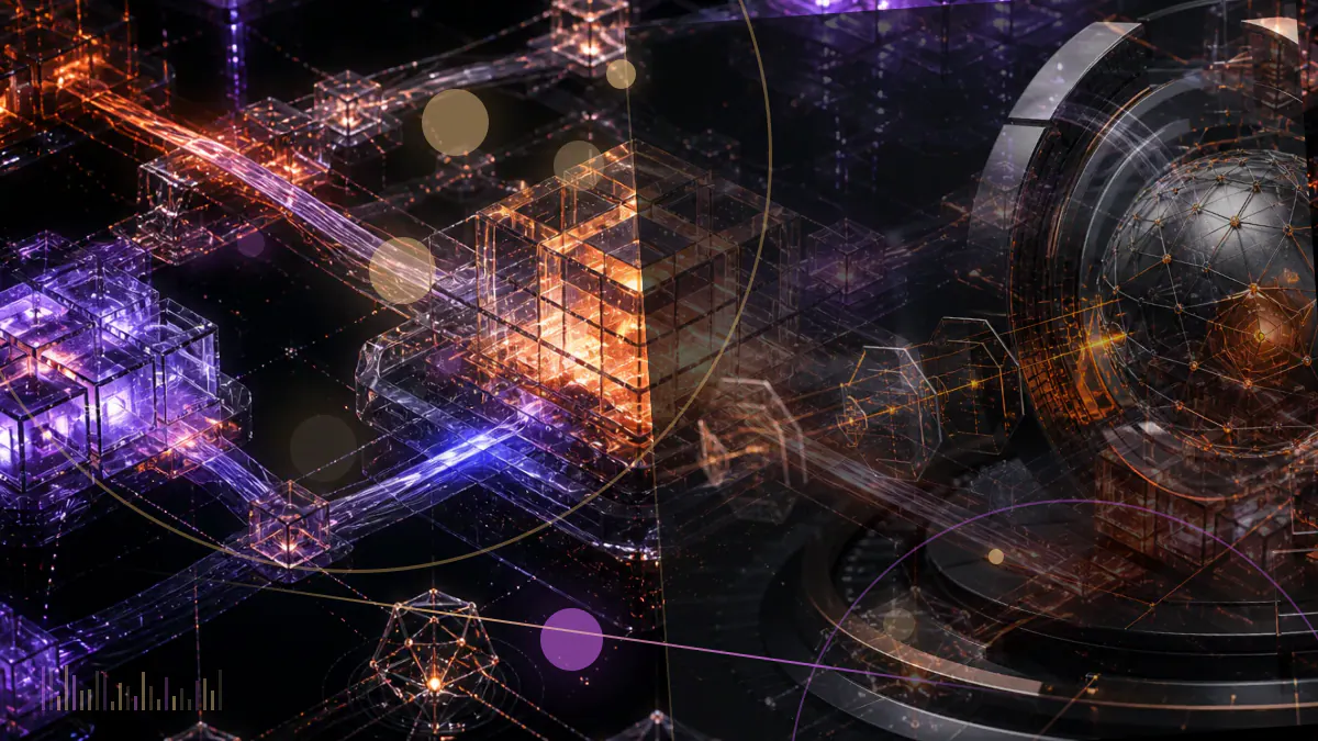 Conceptual illustration of blockchain-linked credit records flowing toward a Nasdaq market display