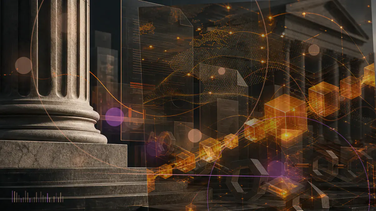 Conceptual illustration of home-equity loan records moving through a blockchain into an asset-backed security