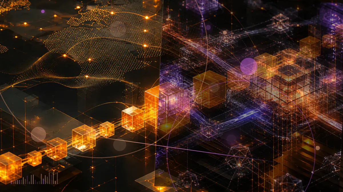 Conceptual illustration of a compliance analyst tracing cryptocurrency address connections through a digital sanctions-screening network