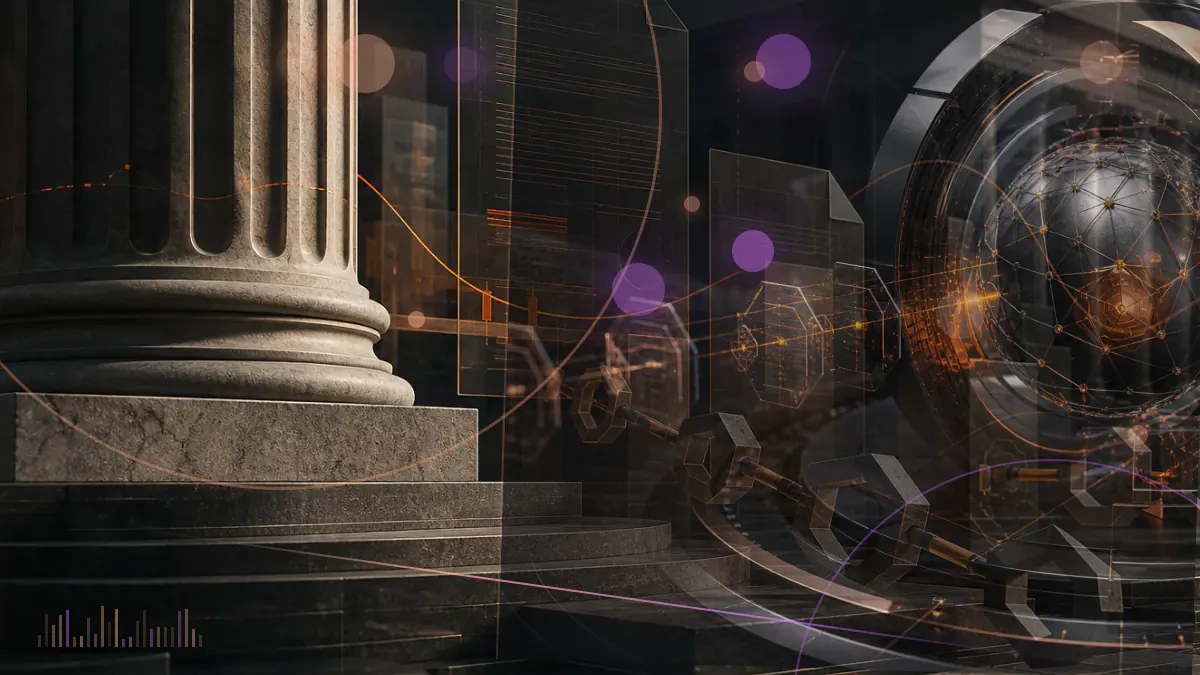 Conceptual illustration of suspicious banking transfers connecting a OneCoin emblem, compliance reports and an international financial network