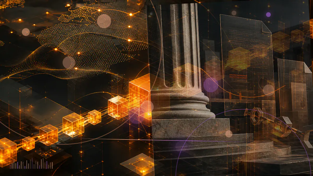 Conceptual illustration of cryptocurrency wallets, decentralized applications and payment networks arranged around a regulatory compliance ledger