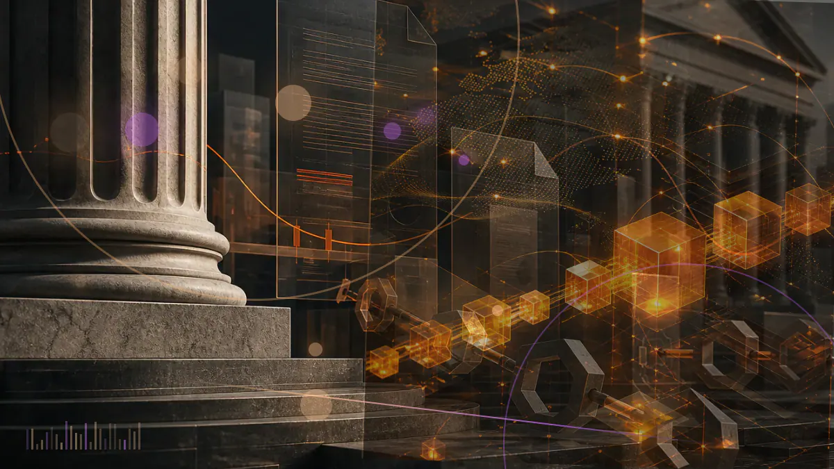 Conceptual illustration of a digital dollar token connecting banks, merchant terminals and a blockchain ledger