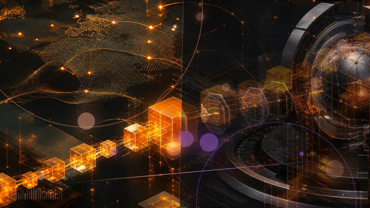 Conceptual illustration of a digital dollar token connecting North Dakota financial institutions through a blockchain settlement network