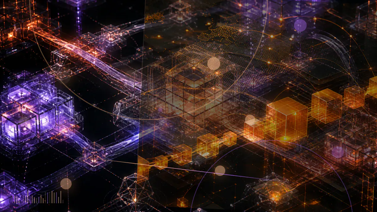 Conceptual illustration of flash liquidity distorting a decentralized exchange price curve beside a vulnerable smart contract