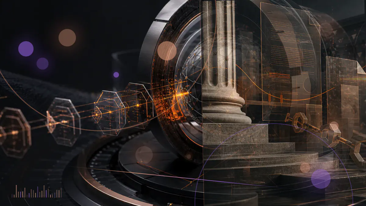 Conceptual illustration of Facebook’s proposed Libra payment network confronting a barrier formed by European monetary institutions