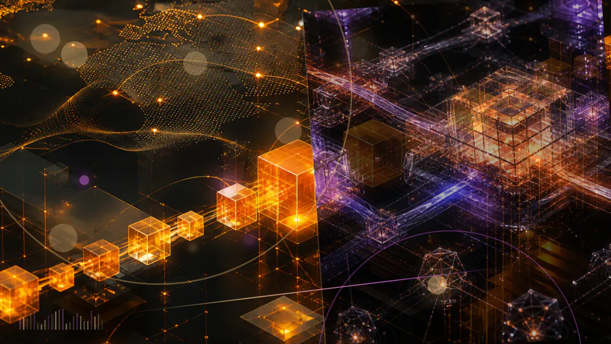 Conceptual illustration of regulated money-market fund records mirrored from a traditional transfer-agent ledger onto the Stellar blockchain