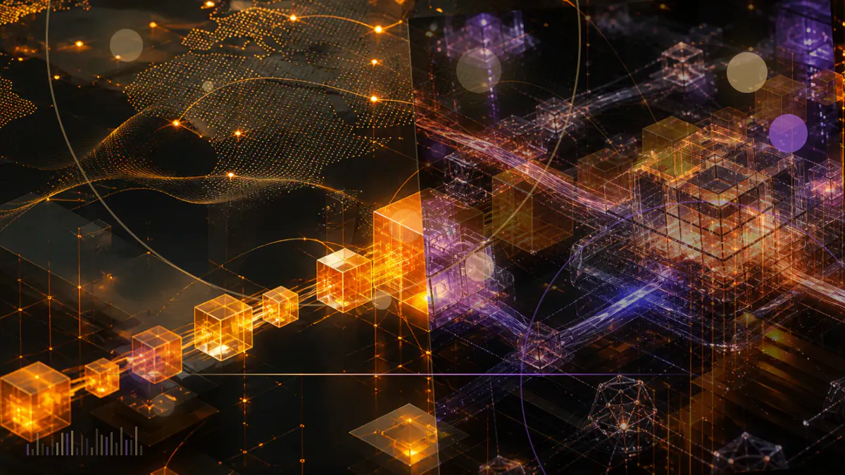 Conceptual illustration of a digital-asset network being assessed against an interconnected global financial system