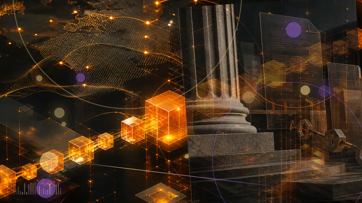 Conceptual illustration of a federal enforcement file, frozen digital ledger and branching cryptocurrency recruitment network