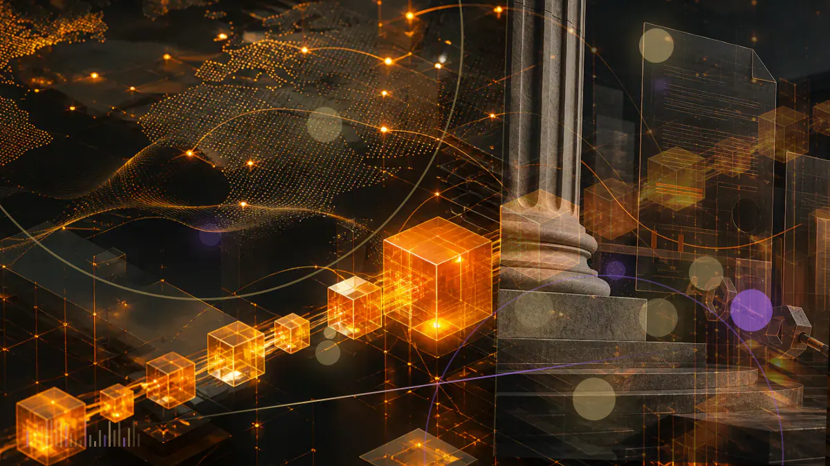Conceptual illustration of two conflicting digital-asset ledgers separated by a jurisdictional boundary