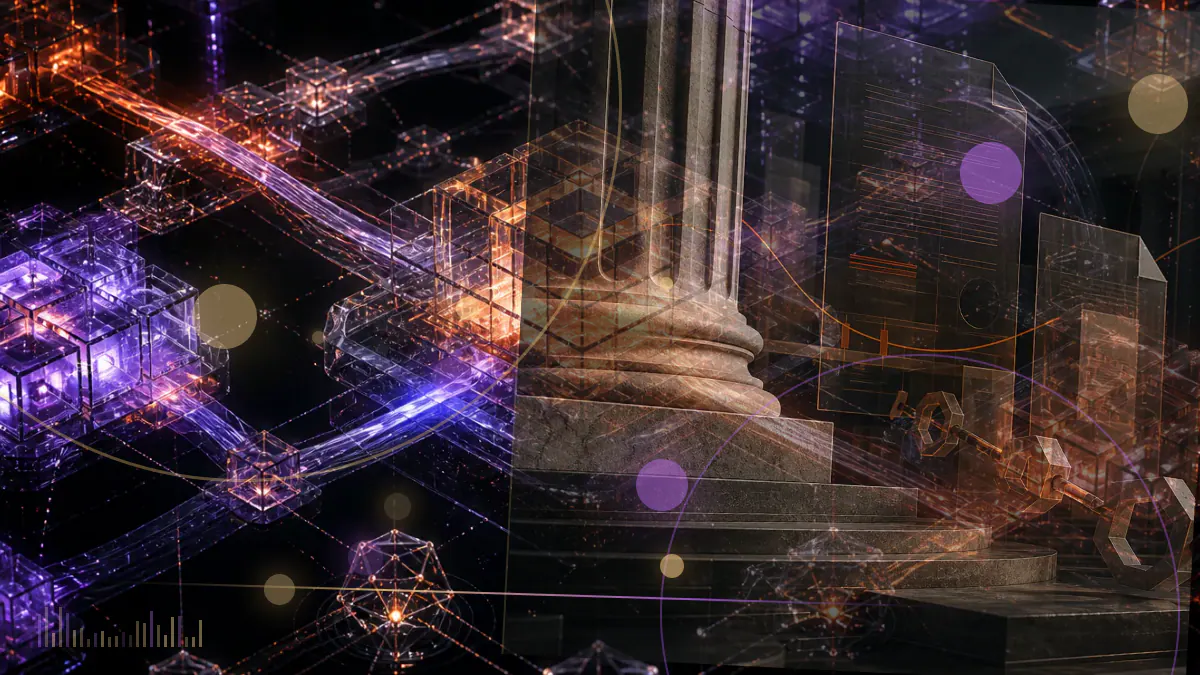 Conceptual illustration of four illuminated financial ledgers converging on a federal bankruptcy court docket representing the FTX estate