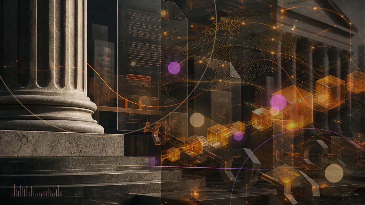 Conceptual illustration of a fractured cryptocurrency exchange ledger, unsecured digital keys and bankruptcy records arranged around four disconnected corporate silos