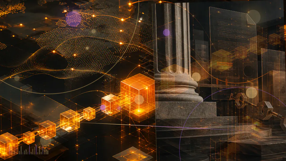 Conceptual illustration of German real-estate bonds represented as tokens on an Ethereum ledger beneath a regulatory approval document