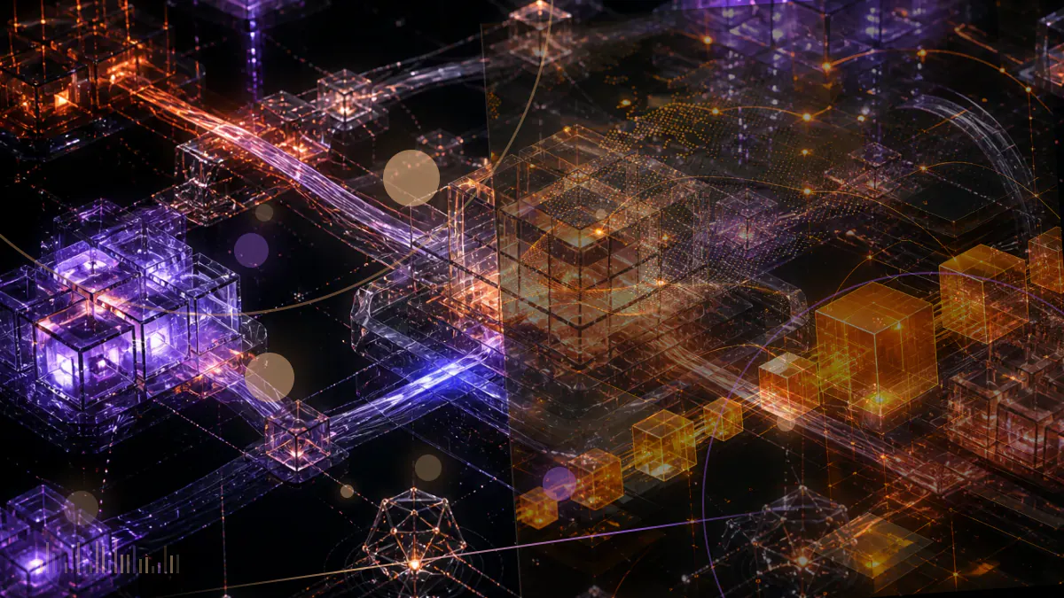 Conceptual illustration of a regulated futures contract connecting an institutional fund document to the Bitcoin network