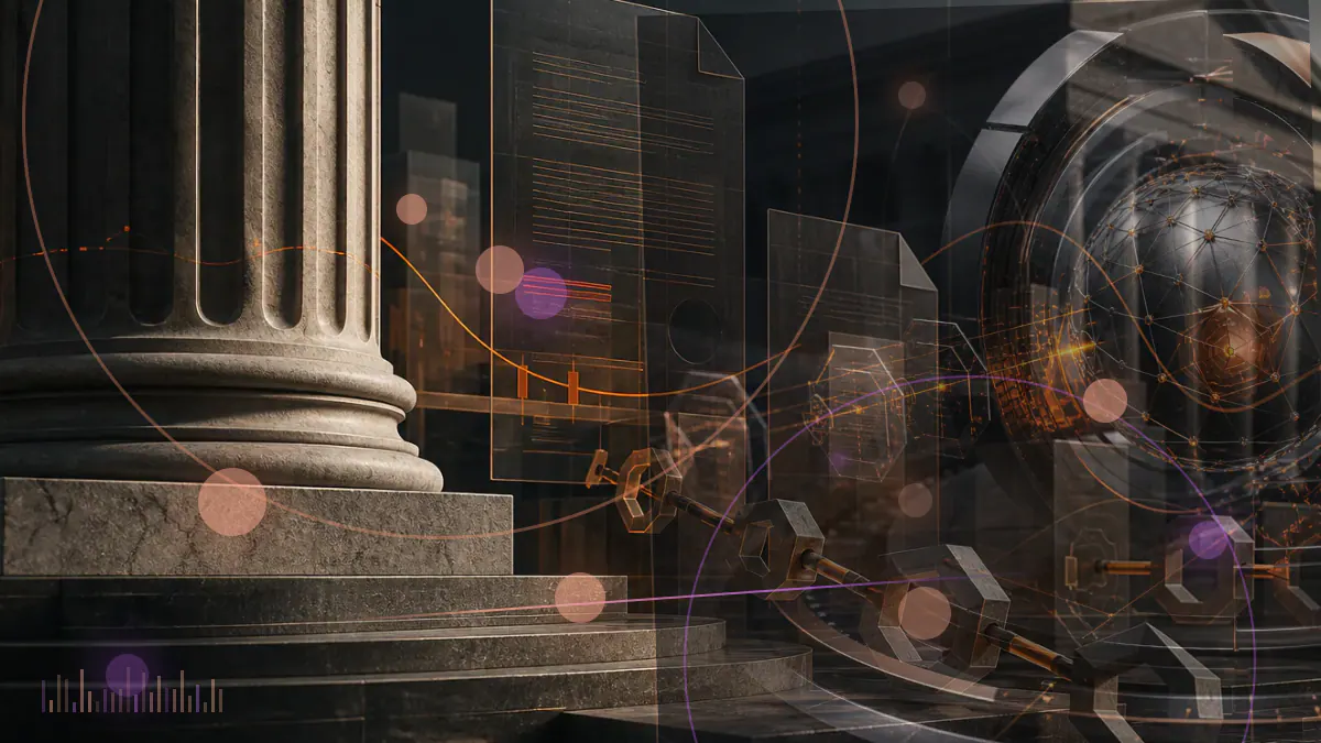 Conceptual illustration of a congressional review document beside a regulated digital-asset custody ledger and cryptographic keys