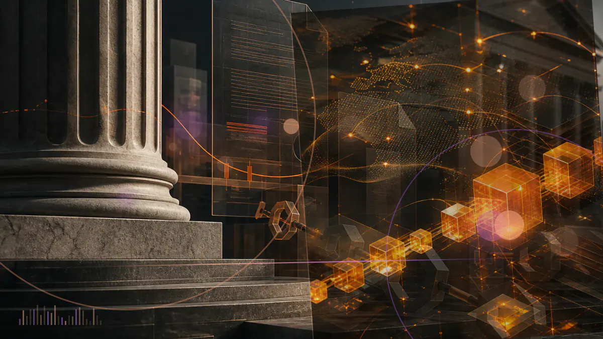 Conceptual illustration of Gemini-linked digital assets moving from a locked lending account into customer wallets beside a New York legal document