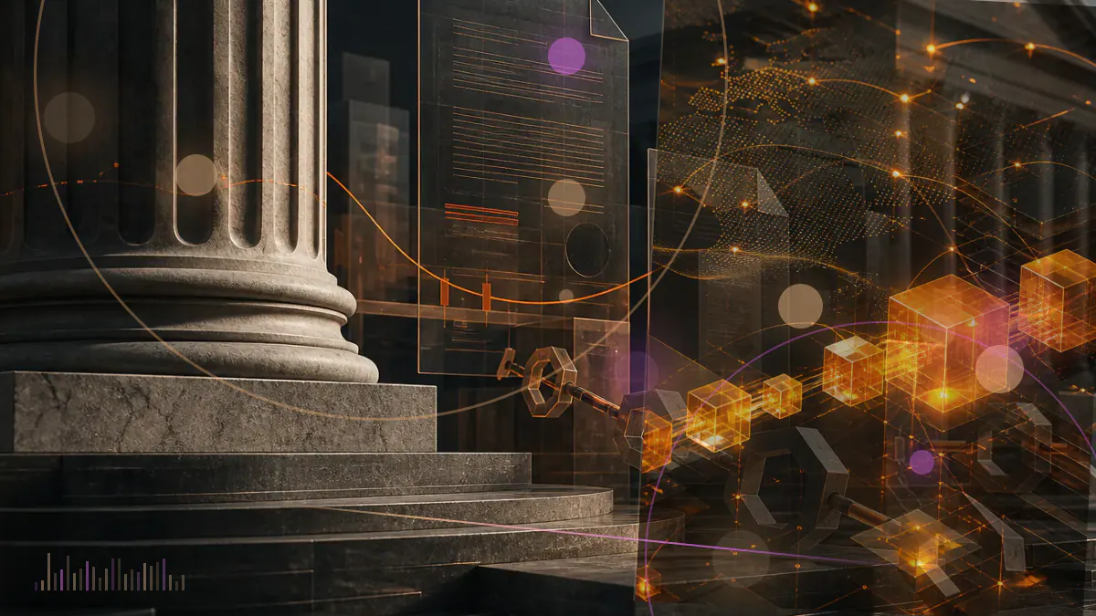 Conceptual illustration of a cryptocurrency exchange entering Nasdaq public markets through a field of market-price signals