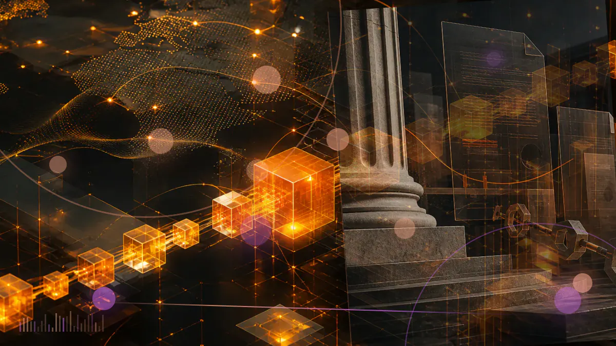 Conceptual illustration of Genesis, Digital Currency Group and Gemini restructuring digital-asset claims through linked debt and court records