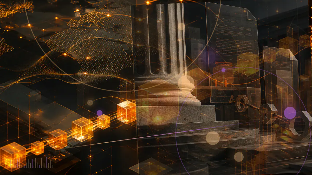 Conceptual illustration of digital-asset lending claims entering a bankruptcy-court ledger while separate trading and custody networks remain outside it