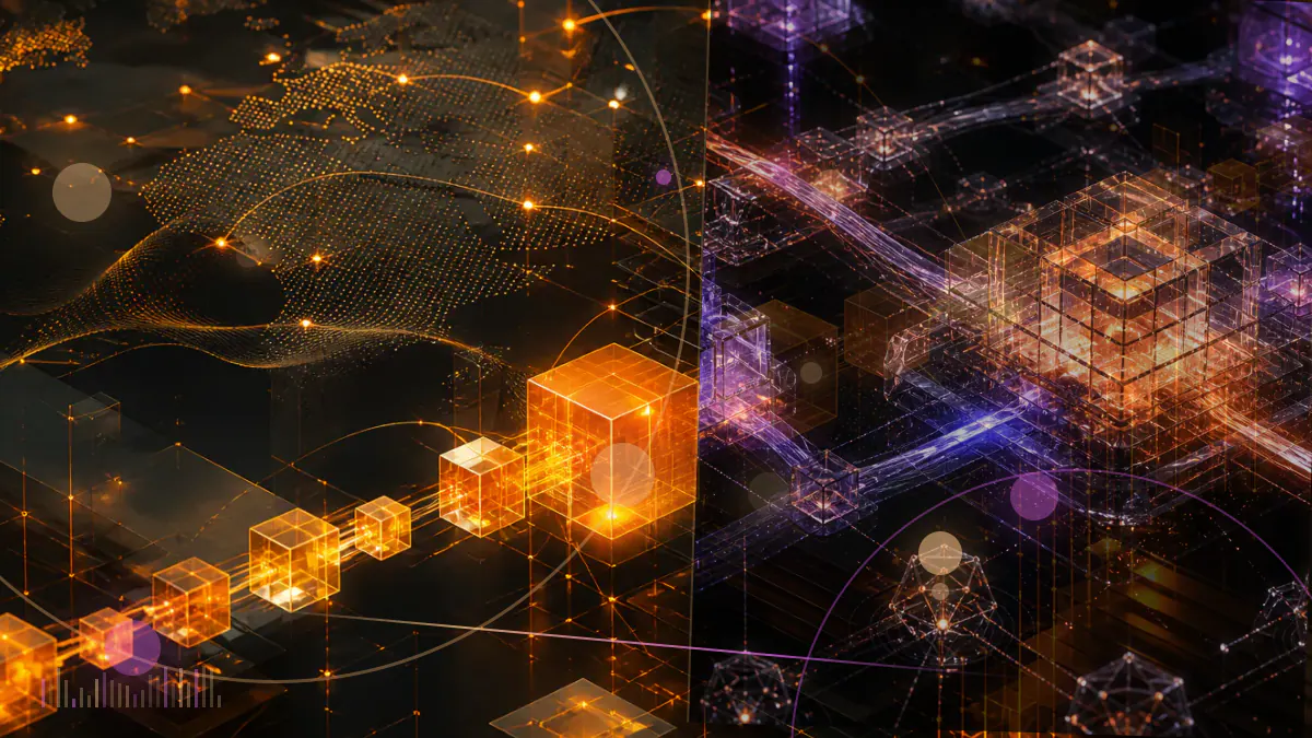 Conceptual illustration of a Senate hearing desk balancing an illuminated blockchain network with an investor-protection shield