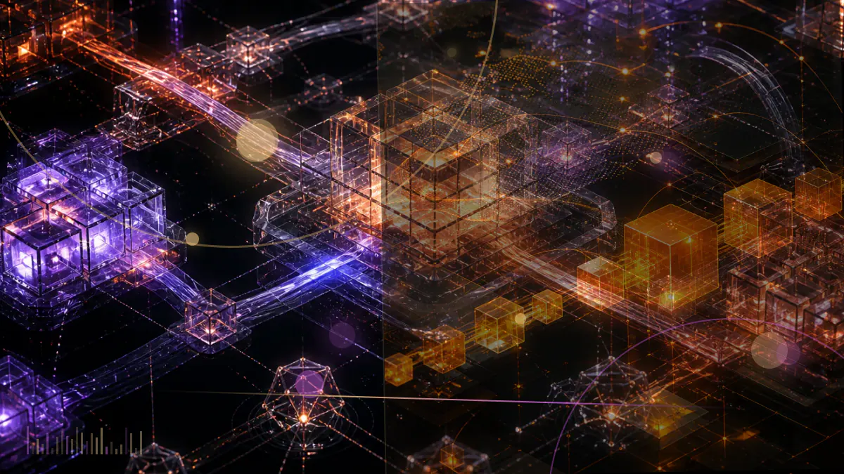 Conceptual illustration of ether and XRP symbols balanced against a securities-law document and regulatory scales