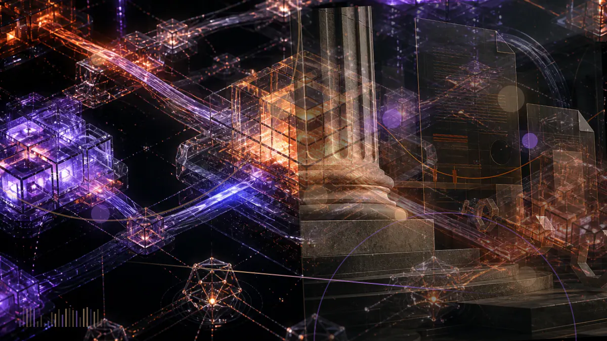 Conceptual illustration of a regulatory gavel above an illuminated blockchain network and digital-asset market grid
