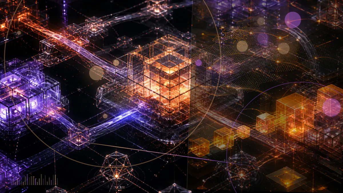 Conceptual illustration of distributed computers supplying verified machine-learning workloads through a blockchain network