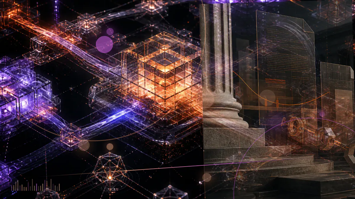 Conceptual illustration of German government architecture, a tokenized securities ledger and stablecoin symbols divided by a regulatory boundary