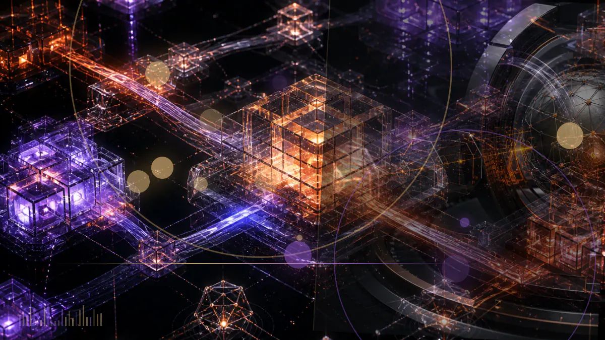 Conceptual illustration of international bank buildings connected through a shared dollar stablecoin settlement network