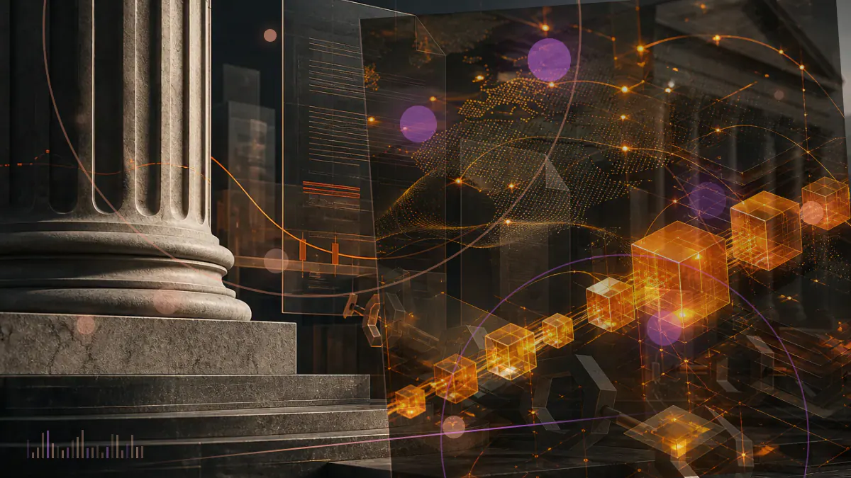 Conceptual illustration of an institutional trading terminal separating bitcoin custody from cash-settled derivatives as cryptocurrency prices decline