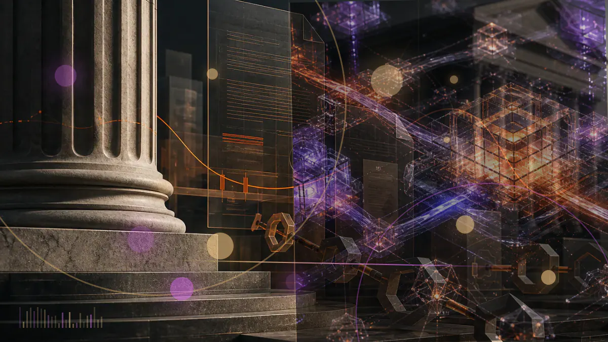Conceptual illustration of a cryptocurrency exchange advertisement passing through a digital certification gate between the United States and Japan