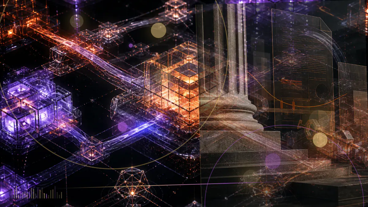 Conceptual illustration of confidential search data flowing into blockchain-settled prediction-market contracts under federal scrutiny