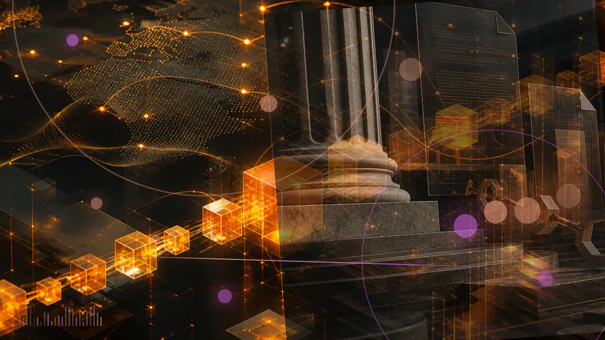 Conceptual illustration of Bitcoin Cash and Litecoin trust shares passing through an over-the-counter securities market gateway